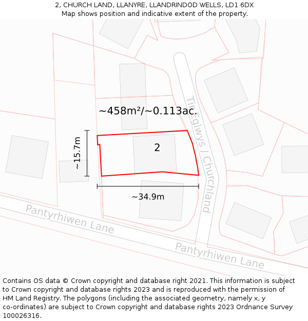 2, CHURCH LAND, LLANYRE, LLANDRINDOD WELLS, LD1 6DX: Plot and title map