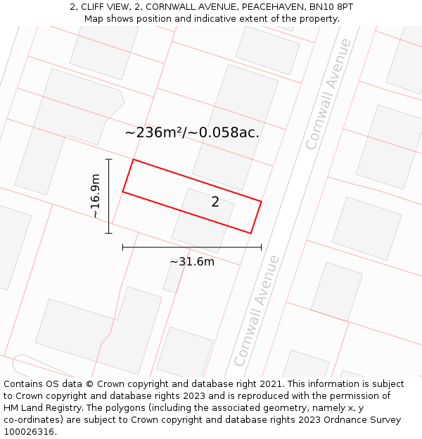 2, CLIFF VIEW, 2, CORNWALL AVENUE, PEACEHAVEN, BN10 8PT: Plot and title map