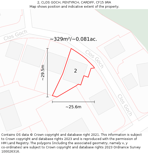 2, CLOS GOCH, PENTYRCH, CARDIFF, CF15 9RA: Plot and title map