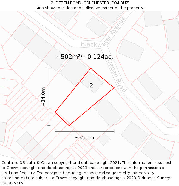 2, DEBEN ROAD, COLCHESTER, CO4 3UZ: Plot and title map