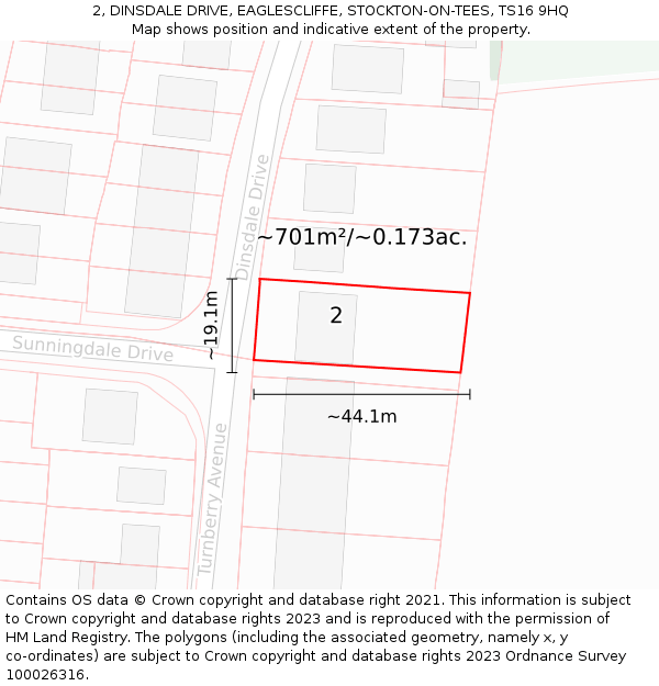 2, DINSDALE DRIVE, EAGLESCLIFFE, STOCKTON-ON-TEES, TS16 9HQ: Plot and title map