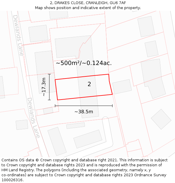 2, DRAKES CLOSE, CRANLEIGH, GU6 7AF: Plot and title map