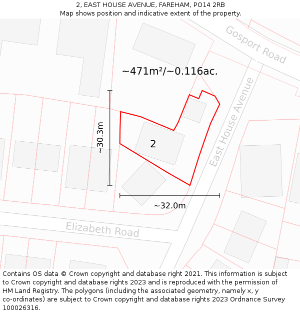 2, EAST HOUSE AVENUE, FAREHAM, PO14 2RB: Plot and title map