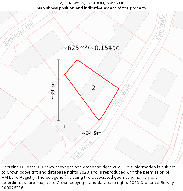 2, ELM WALK, LONDON, NW3 7UP: Plot and title map