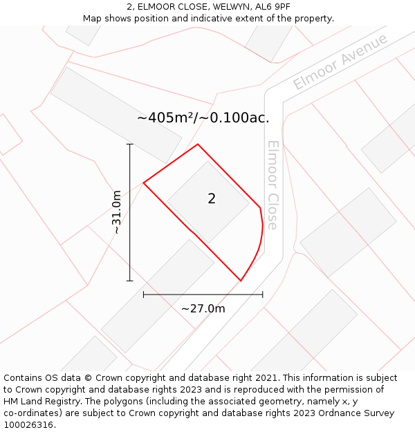 2, ELMOOR CLOSE, WELWYN, AL6 9PF: Plot and title map