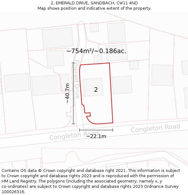 2, EMERALD DRIVE, SANDBACH, CW11 4ND: Plot and title map