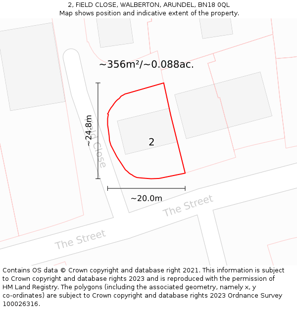 2, FIELD CLOSE, WALBERTON, ARUNDEL, BN18 0QL: Plot and title map