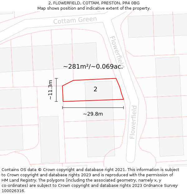 2, FLOWERFIELD, COTTAM, PRESTON, PR4 0BG: Plot and title map