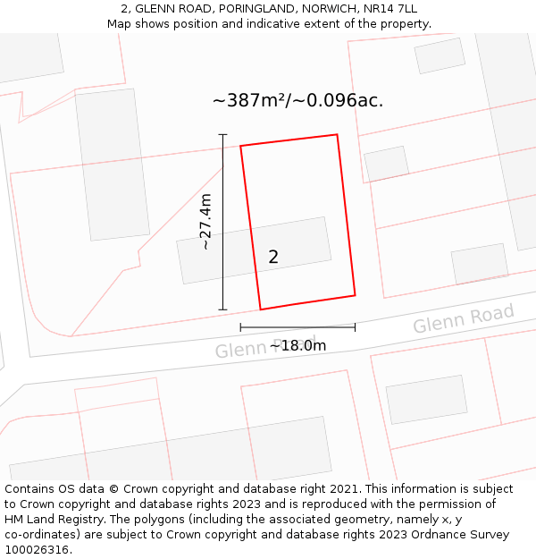 2, GLENN ROAD, PORINGLAND, NORWICH, NR14 7LL: Plot and title map