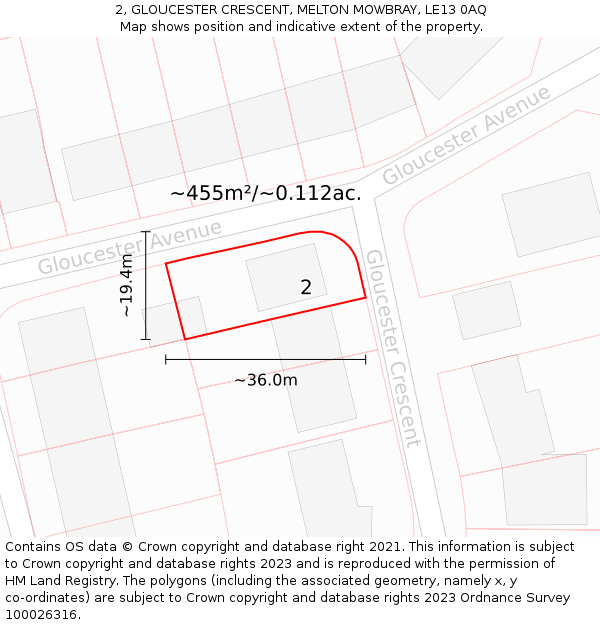 2, GLOUCESTER CRESCENT, MELTON MOWBRAY, LE13 0AQ: Plot and title map