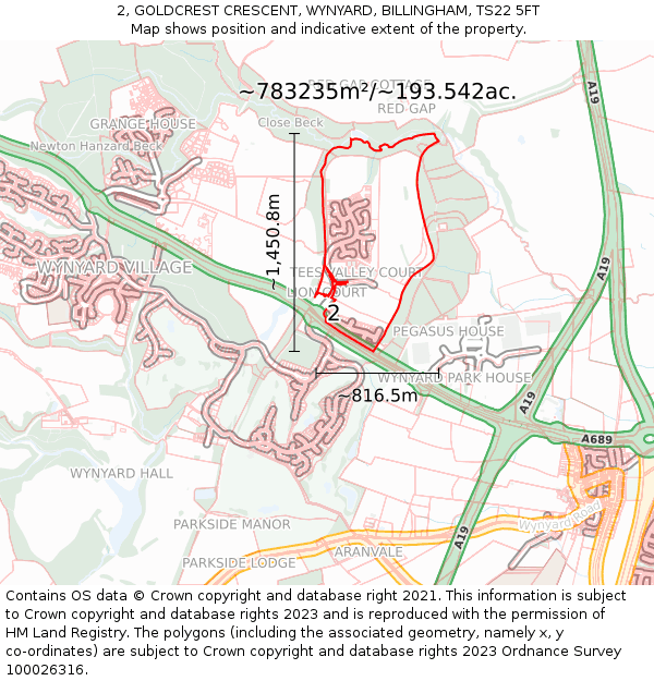 2, GOLDCREST CRESCENT, WYNYARD, BILLINGHAM, TS22 5FT: Plot and title map