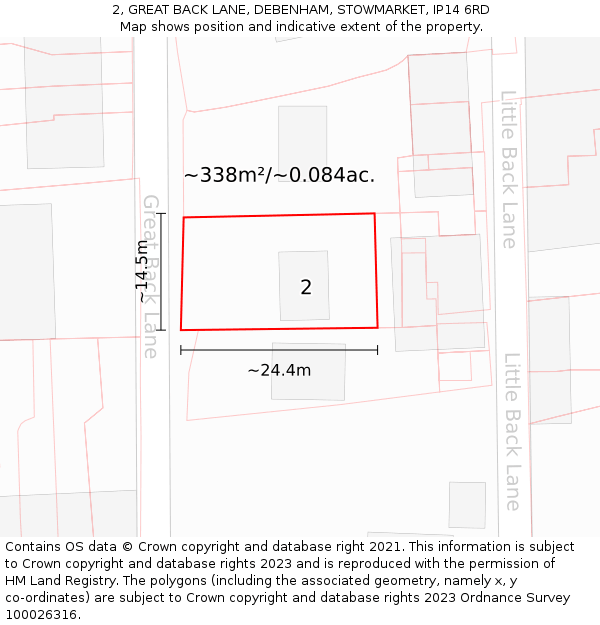 2, GREAT BACK LANE, DEBENHAM, STOWMARKET, IP14 6RD: Plot and title map