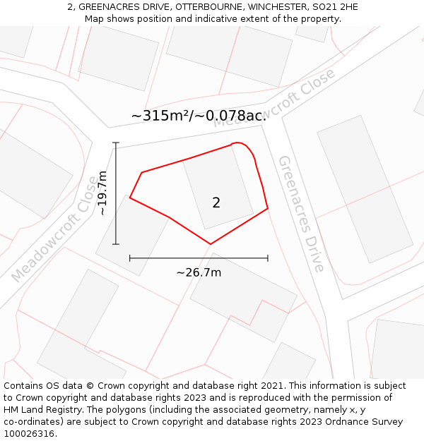 2, GREENACRES DRIVE, OTTERBOURNE, WINCHESTER, SO21 2HE: Plot and title map