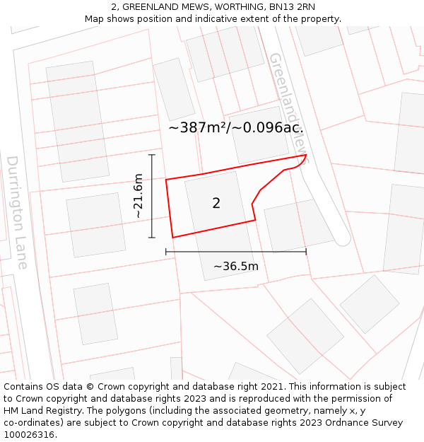 2, GREENLAND MEWS, WORTHING, BN13 2RN: Plot and title map