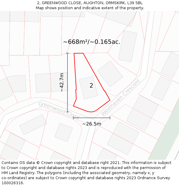 2, GREENWOOD CLOSE, AUGHTON, ORMSKIRK, L39 5BL: Plot and title map