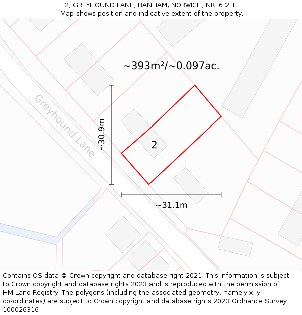 2, GREYHOUND LANE, BANHAM, NORWICH, NR16 2HT: Plot and title map