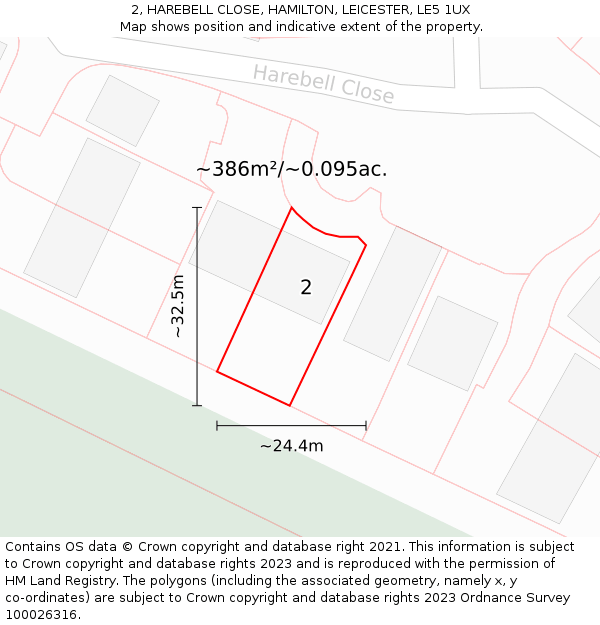 2, HAREBELL CLOSE, HAMILTON, LEICESTER, LE5 1UX: Plot and title map