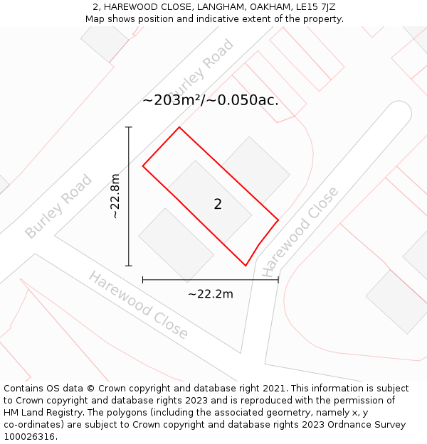 2, HAREWOOD CLOSE, LANGHAM, OAKHAM, LE15 7JZ: Plot and title map