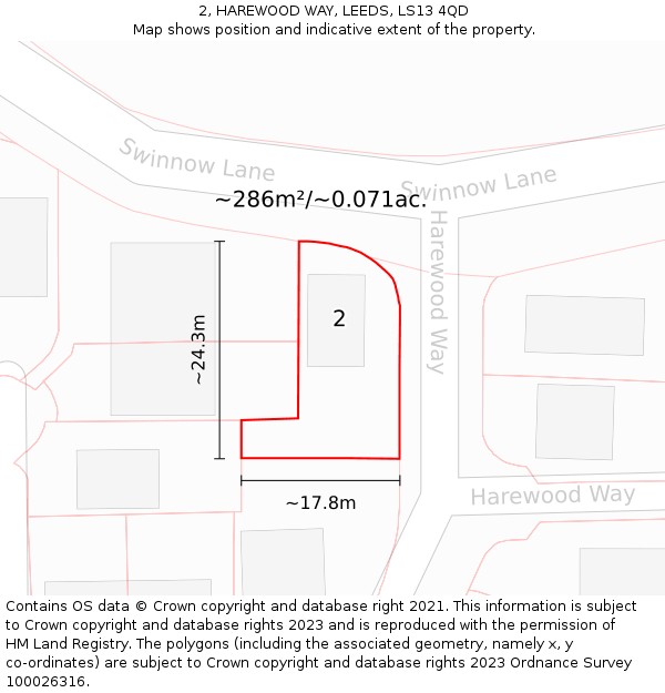 2, HAREWOOD WAY, LEEDS, LS13 4QD: Plot and title map