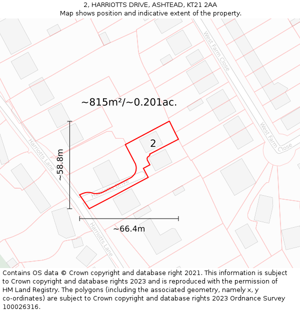 2, HARRIOTTS DRIVE, ASHTEAD, KT21 2AA: Plot and title map