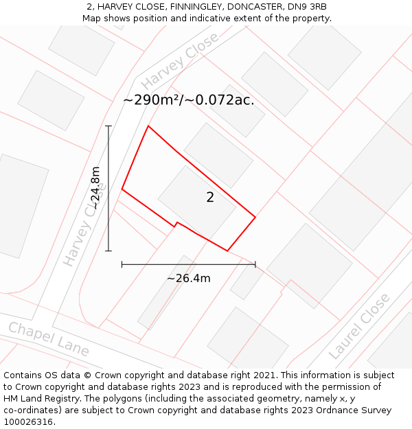 2, HARVEY CLOSE, FINNINGLEY, DONCASTER, DN9 3RB: Plot and title map