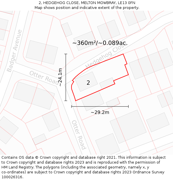 2, HEDGEHOG CLOSE, MELTON MOWBRAY, LE13 0FN: Plot and title map