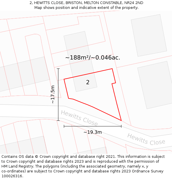 2, HEWITTS CLOSE, BRISTON, MELTON CONSTABLE, NR24 2ND: Plot and title map