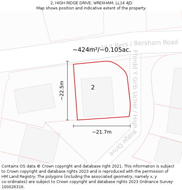 2, HIGH RIDGE DRIVE, WREXHAM, LL14 4JD: Plot and title map