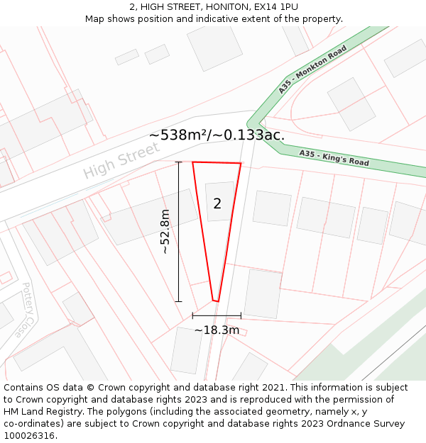 2, HIGH STREET, HONITON, EX14 1PU: Plot and title map