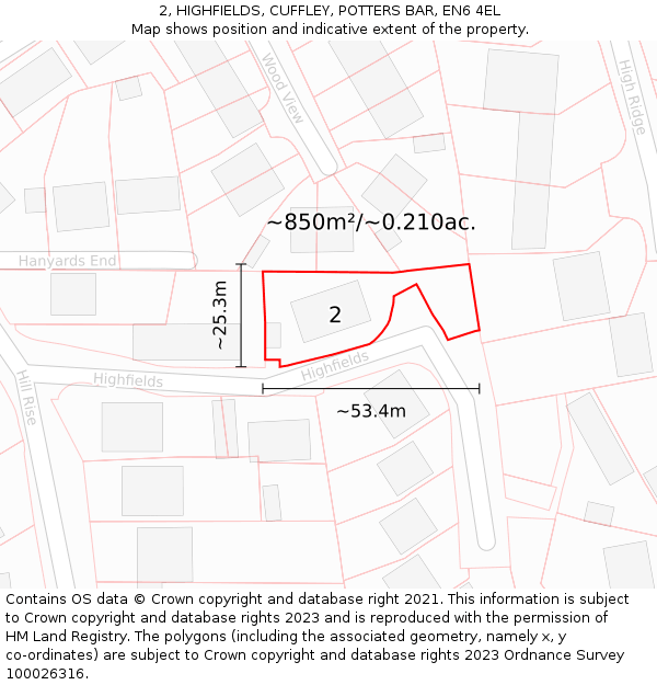 2, HIGHFIELDS, CUFFLEY, POTTERS BAR, EN6 4EL: Plot and title map