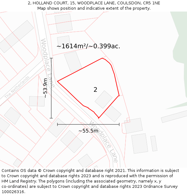 2, HOLLAND COURT, 15, WOODPLACE LANE, COULSDON, CR5 1NE: Plot and title map