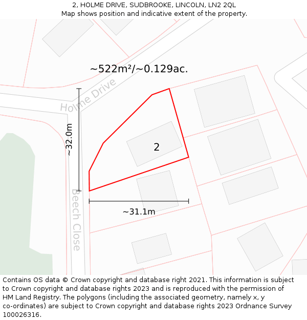 2, HOLME DRIVE, SUDBROOKE, LINCOLN, LN2 2QL: Plot and title map