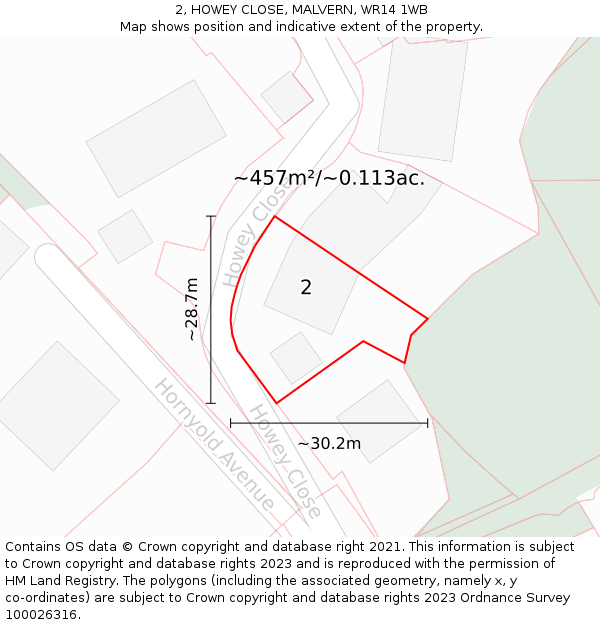 2, HOWEY CLOSE, MALVERN, WR14 1WB: Plot and title map