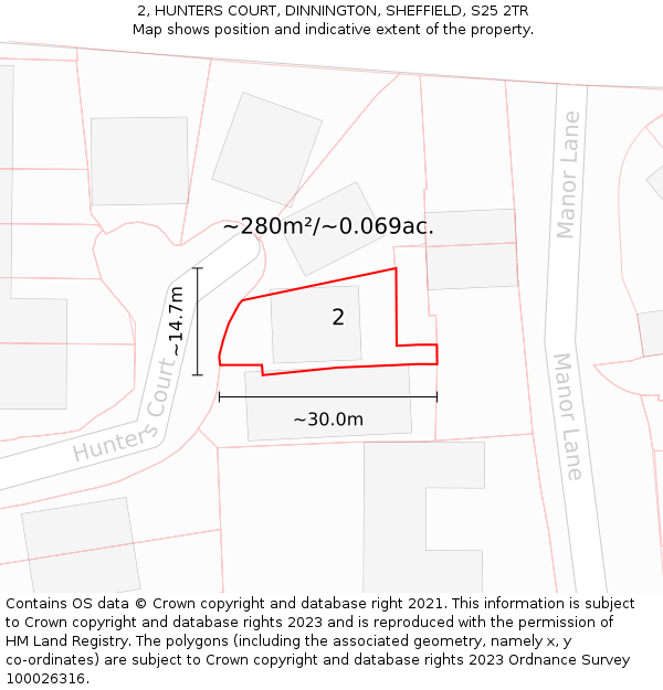 2, HUNTERS COURT, DINNINGTON, SHEFFIELD, S25 2TR: Plot and title map