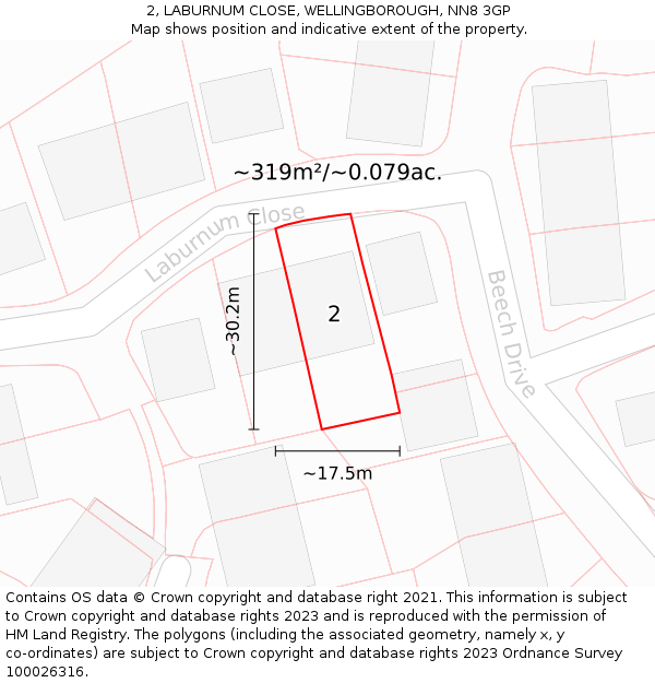 2, LABURNUM CLOSE, WELLINGBOROUGH, NN8 3GP: Plot and title map