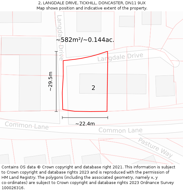 2, LANGDALE DRIVE, TICKHILL, DONCASTER, DN11 9UX: Plot and title map