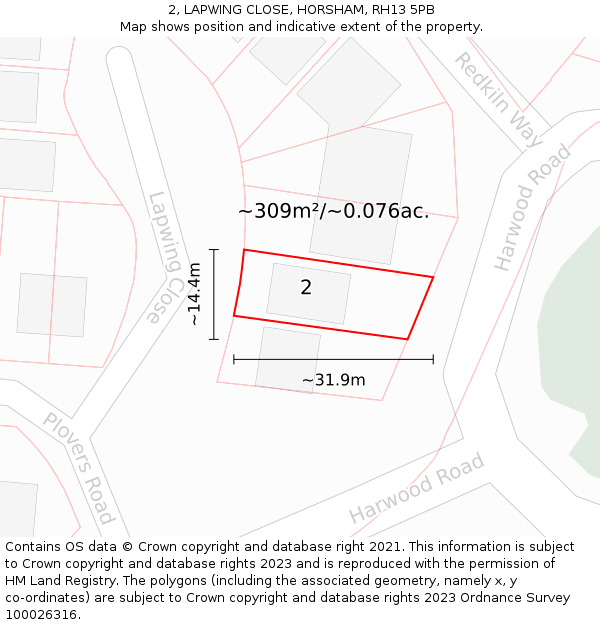 2, LAPWING CLOSE, HORSHAM, RH13 5PB: Plot and title map