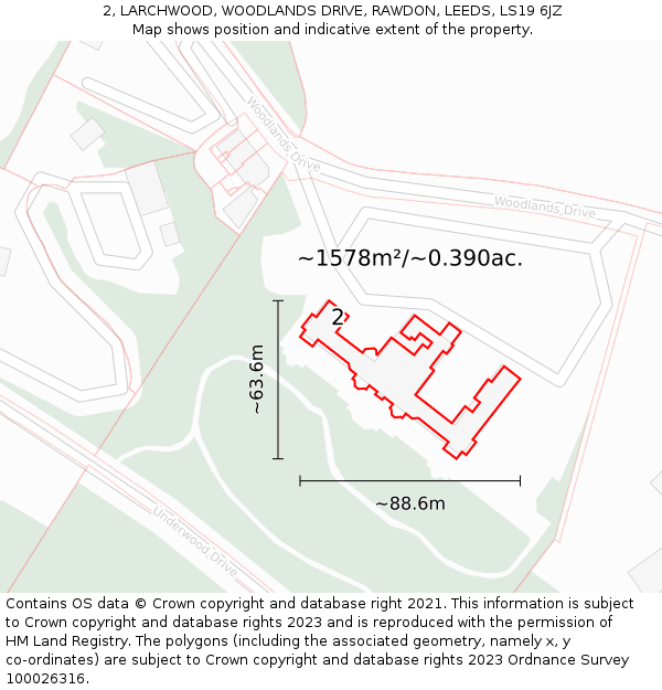 2, LARCHWOOD, WOODLANDS DRIVE, RAWDON, LEEDS, LS19 6JZ: Plot and title map