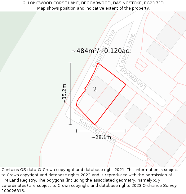 2, LONGWOOD COPSE LANE, BEGGARWOOD, BASINGSTOKE, RG23 7FD: Plot and title map