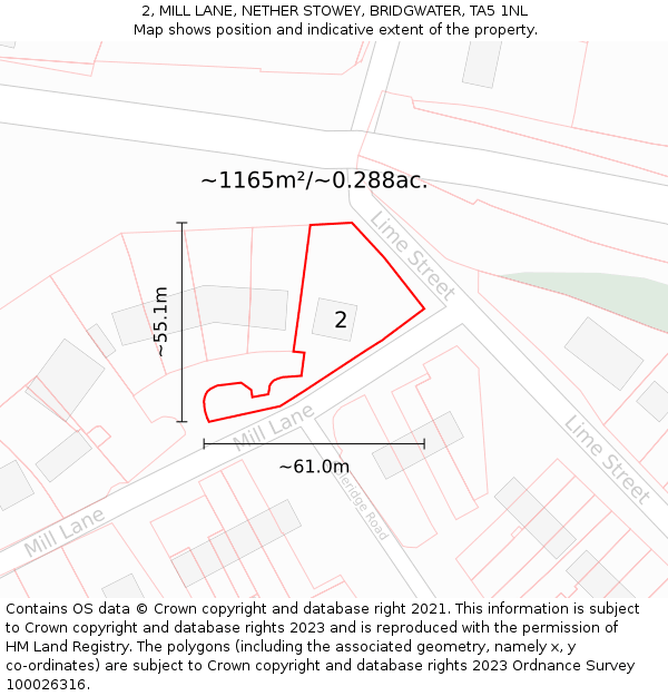 2, MILL LANE, NETHER STOWEY, BRIDGWATER, TA5 1NL: Plot and title map