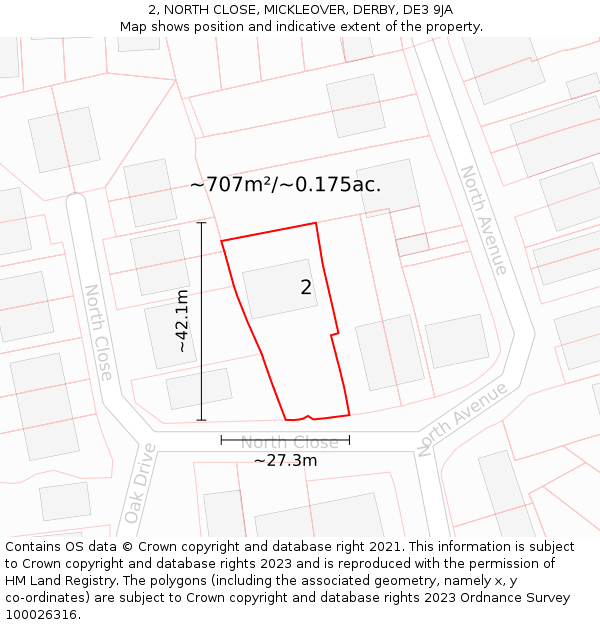 2, NORTH CLOSE, MICKLEOVER, DERBY, DE3 9JA: Plot and title map