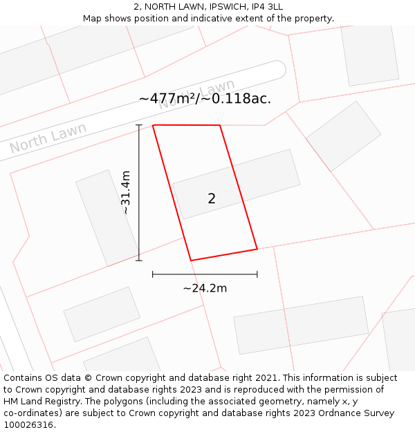 2, NORTH LAWN, IPSWICH, IP4 3LL: Plot and title map