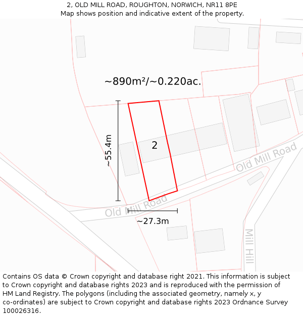 2, OLD MILL ROAD, ROUGHTON, NORWICH, NR11 8PE: Plot and title map