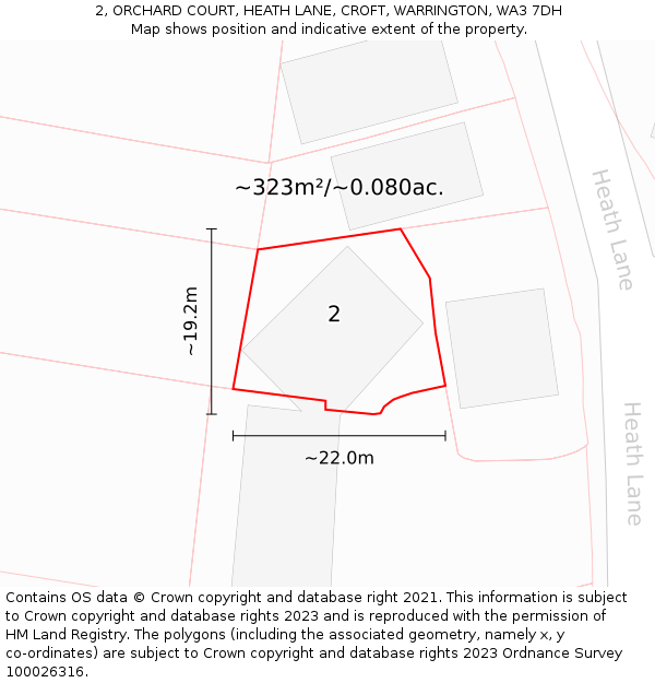 2, ORCHARD COURT, HEATH LANE, CROFT, WARRINGTON, WA3 7DH: Plot and title map