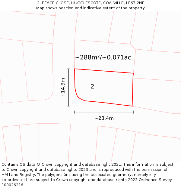 2, PEACE CLOSE, HUGGLESCOTE, COALVILLE, LE67 2NE: Plot and title map