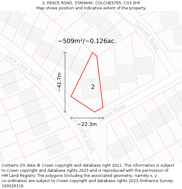 2, PEACE ROAD, STANWAY, COLCHESTER, CO3 0HF: Plot and title map