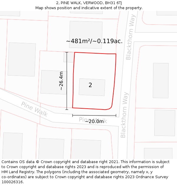 2, PINE WALK, VERWOOD, BH31 6TJ: Plot and title map