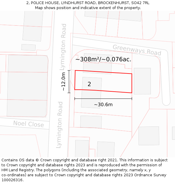 2, POLICE HOUSE, LYNDHURST ROAD, BROCKENHURST, SO42 7RL: Plot and title map