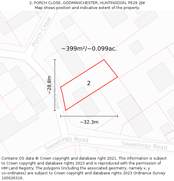 2, PORCH CLOSE, GODMANCHESTER, HUNTINGDON, PE29 2JW: Plot and title map