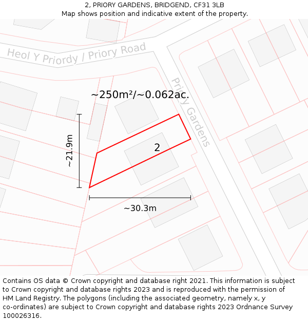 2, PRIORY GARDENS, BRIDGEND, CF31 3LB: Plot and title map